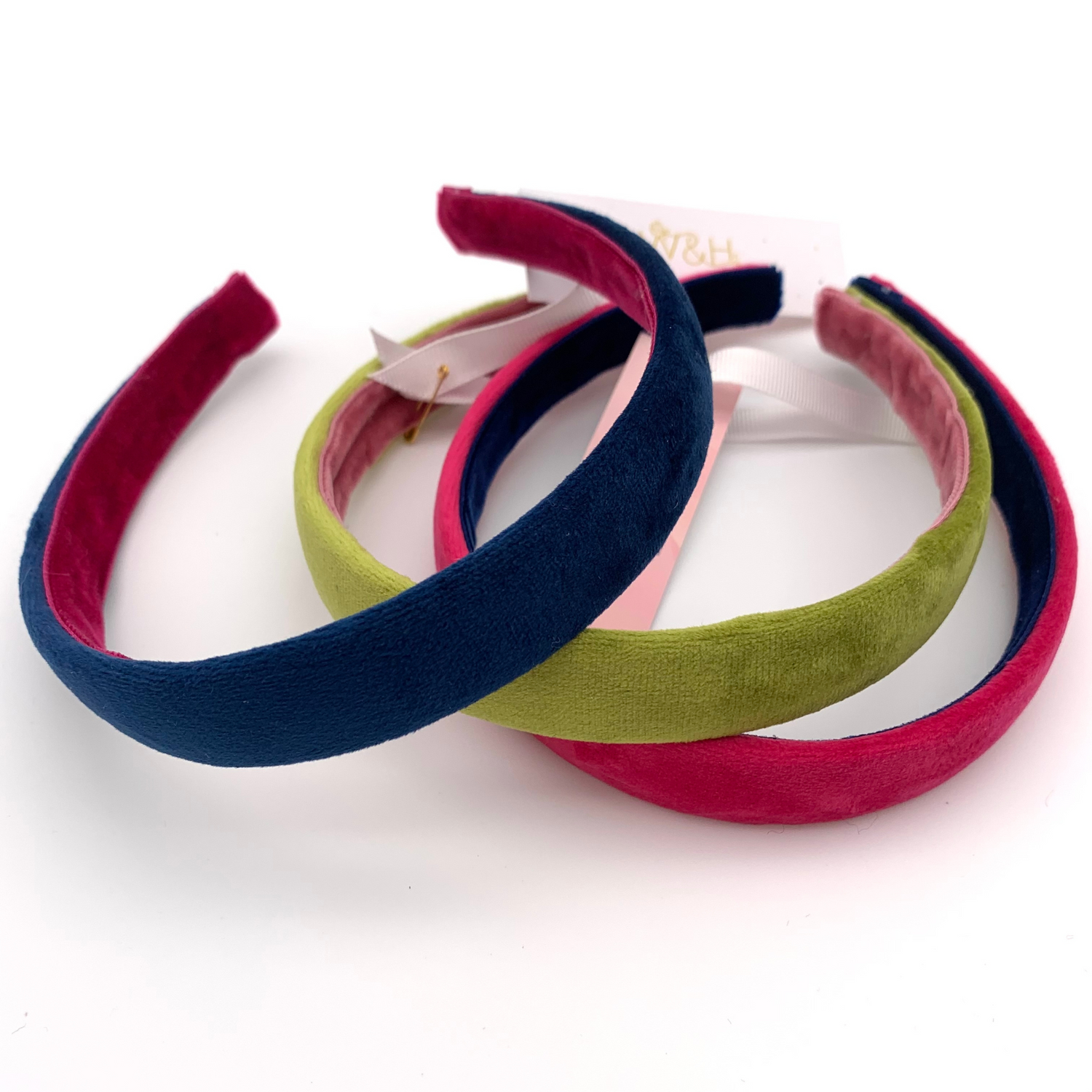 blue, green and pink velvet headbands