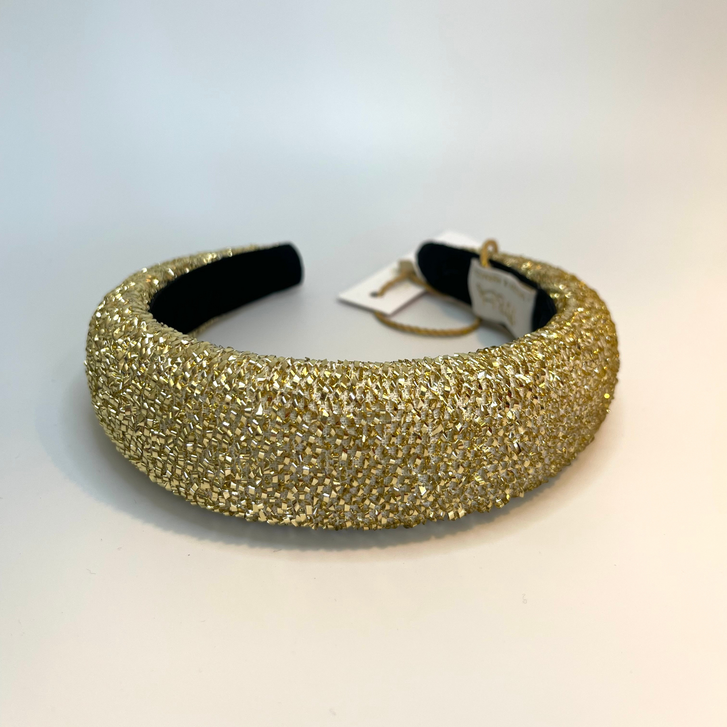 Gold tinsel padded headband 1/2 inch lined with velvet ribbon