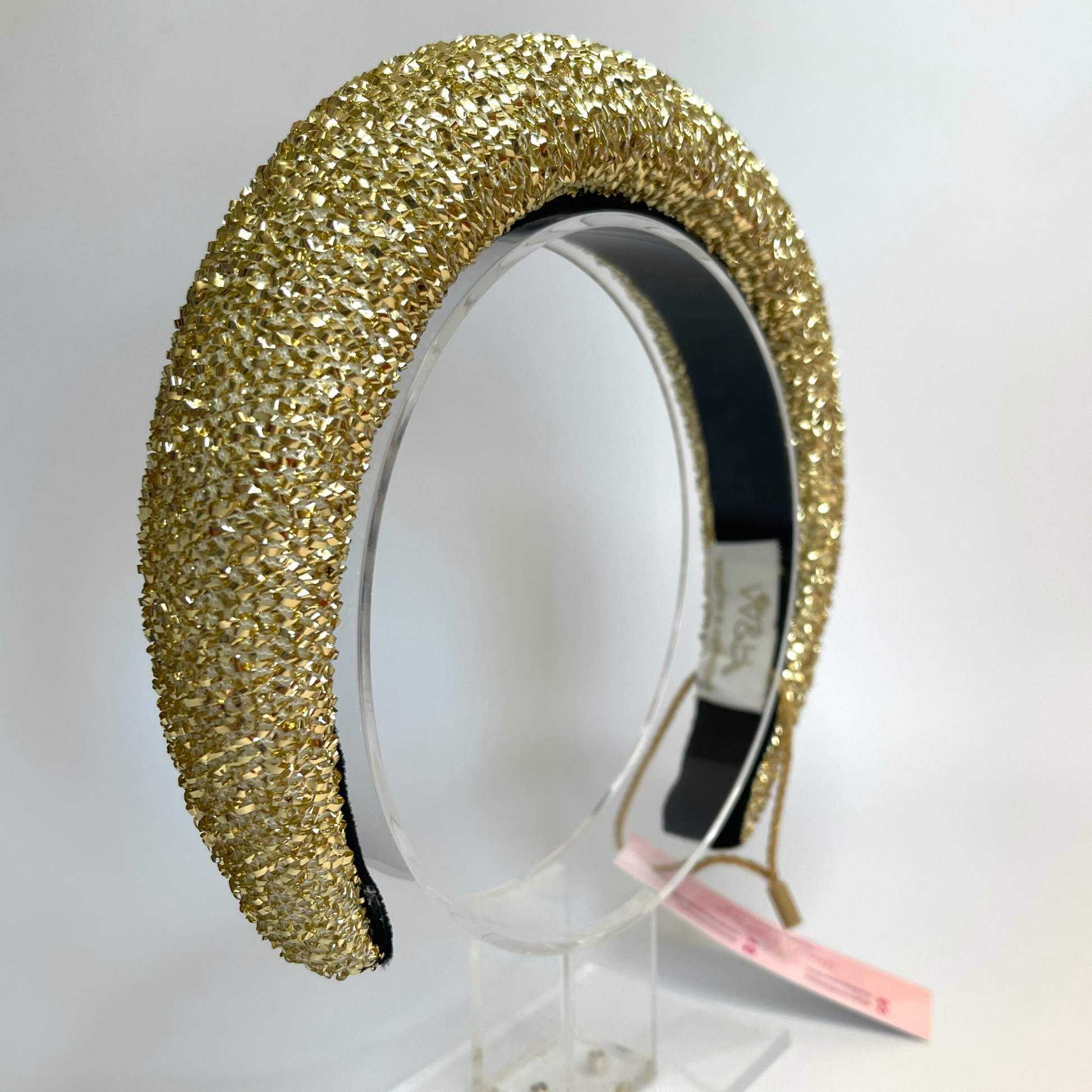 Gold tinsel padded headband 1 inch lined with velvet ribbon